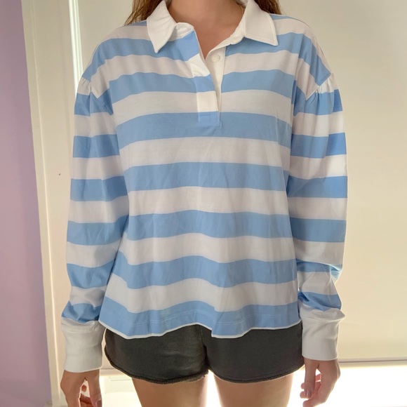 Tops - Blue and white striped long-sleeved cotton shirt